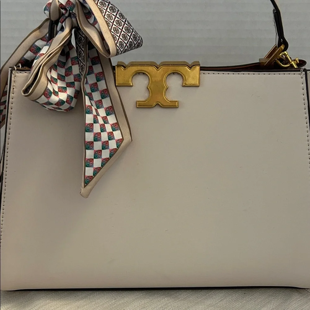 Tory Burch $700 Cream Eleanor Spazoletto Satchel with Gold Logo and Ribbon
